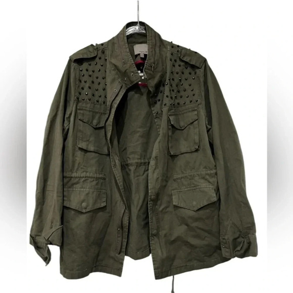 Aryn K Jackets & Blazers - Aryn K. Sampson Jacket Olive Green moto military cargo jacket with black studs